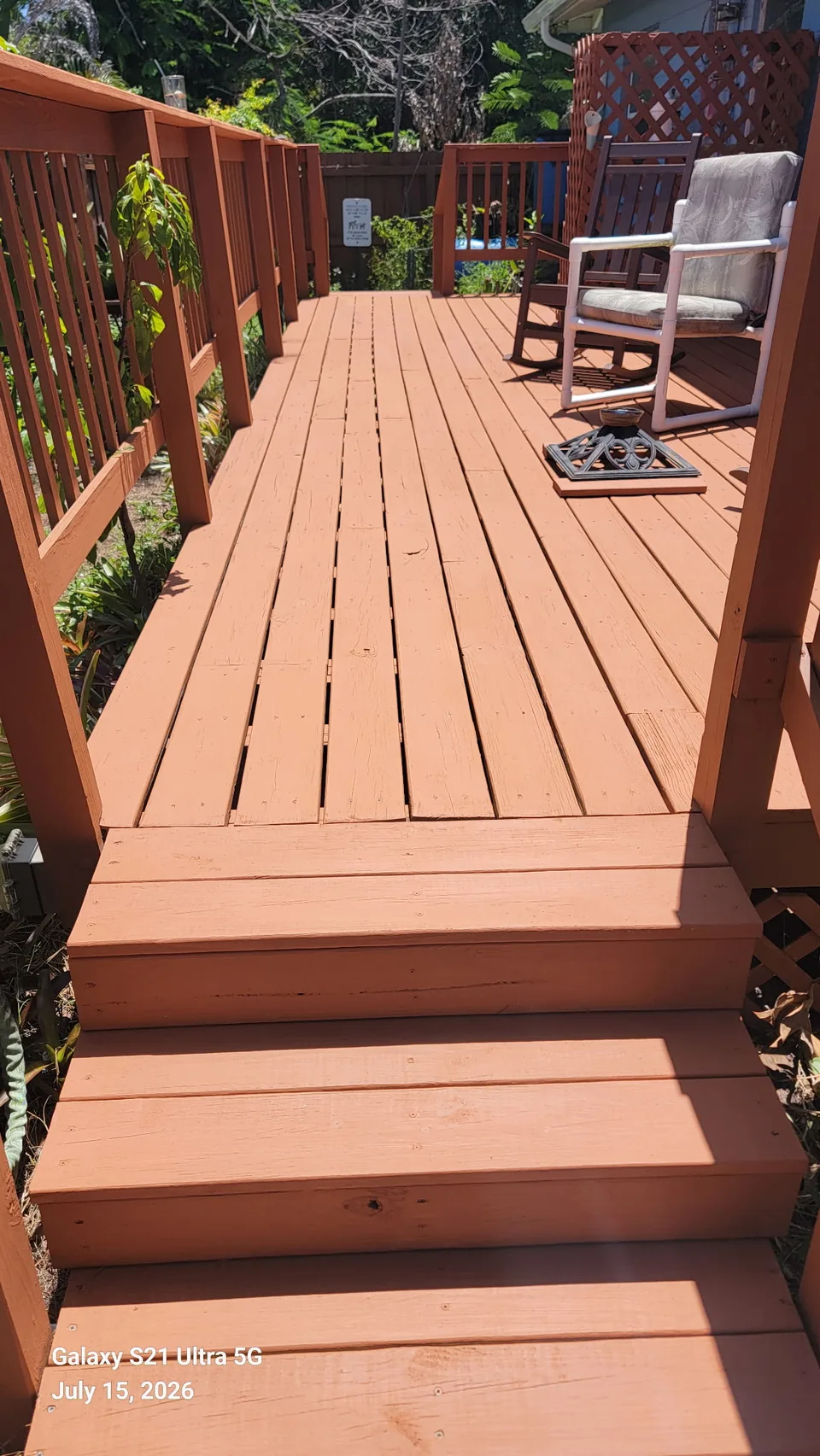 Freshly stained cedar wood deck and steps in Brevard County, FL