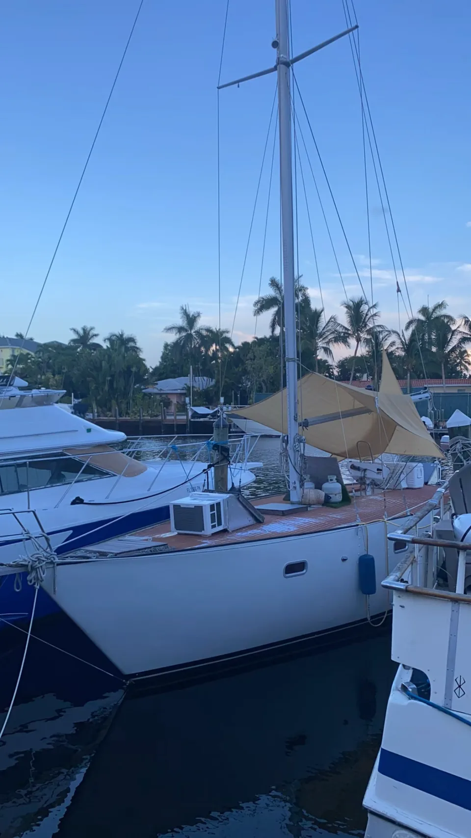 Sailboat at a Brevard County marina at dusk with palm trees in the background